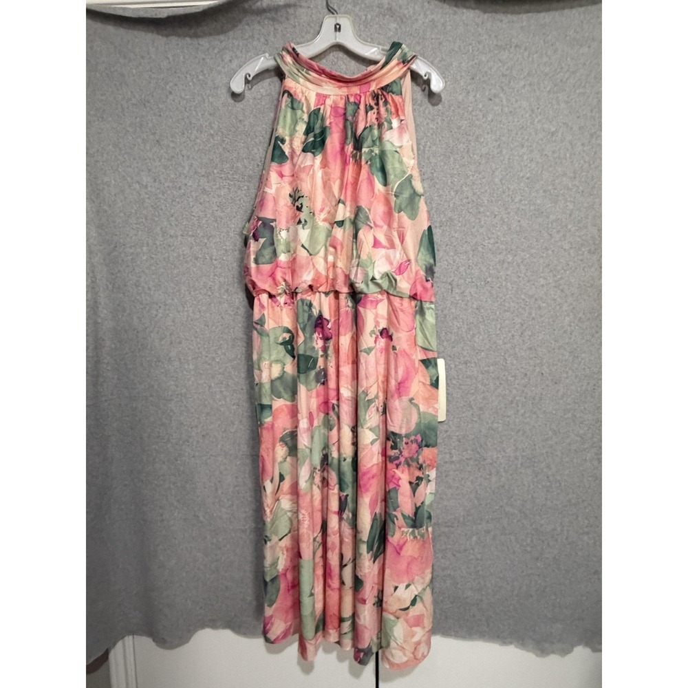 Adrianna Papell Dress Womens 20 Pink Floral Halter Blouson Midi Chiffon Plus